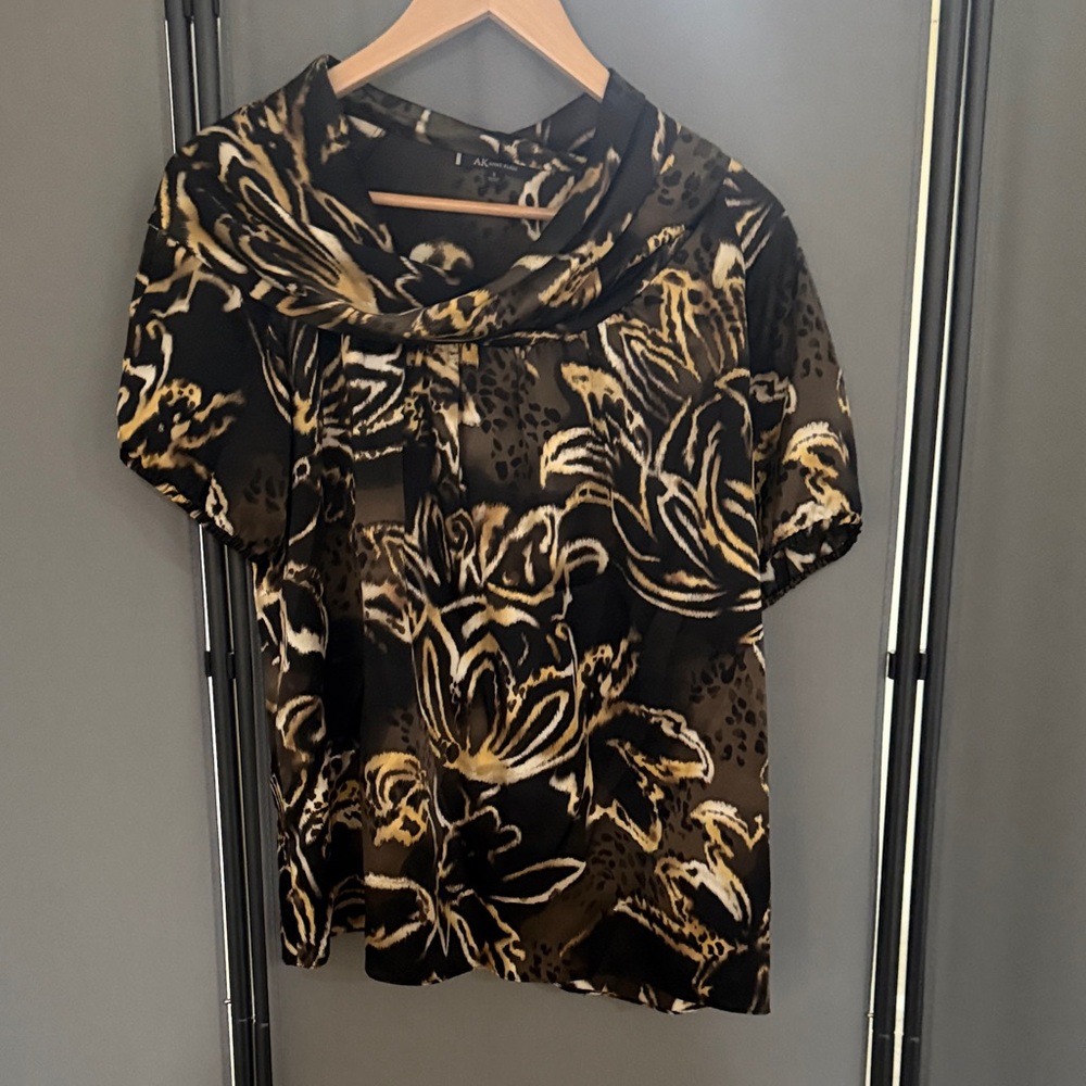 ANNE KLEIN Black and Brown Floral Satin Cowl-Neck Blouse